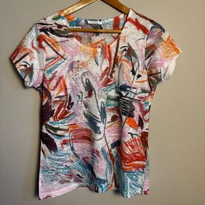 Milano Abstract Print Rhinestone Embellished Short Sleeve Top Womens Size Medium